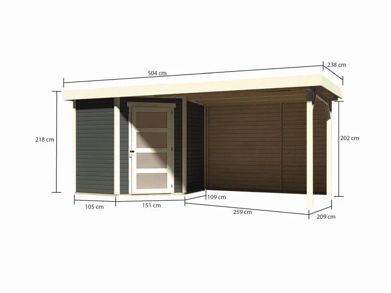 Karibu Gartenhaus Schwandorf 3 terragrau mit Anbaudach 2,8 m inkl. Rückwand