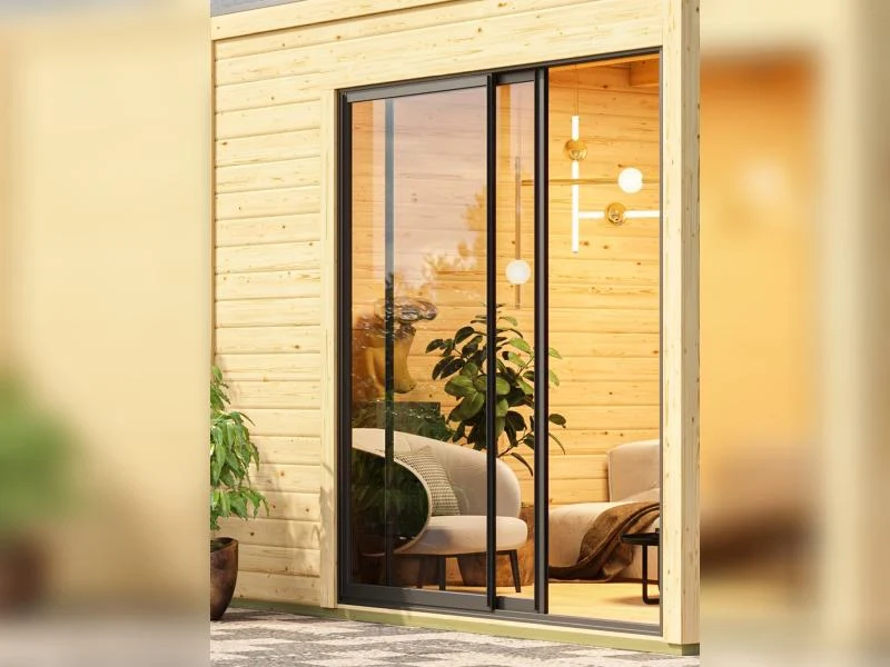 Karibu Saunahaus Miramar schwarz 73 mm inkl. 9 kW Ofen externe Steuerung mit Vorraum