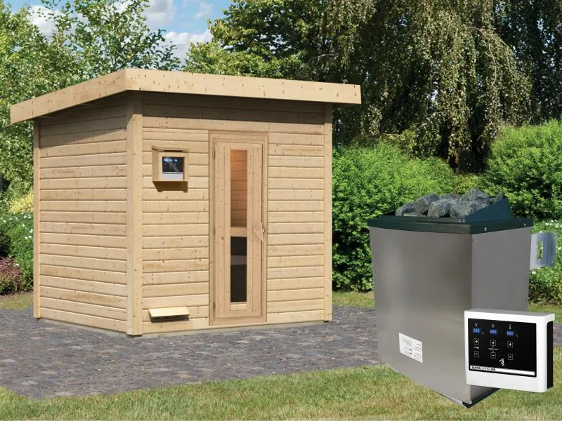 Karibu Saunahaus Hytti 3 38 mm - inkl. 9 kW Ofen ext. Steuerung - inkl. Energiespartür und Fußboden