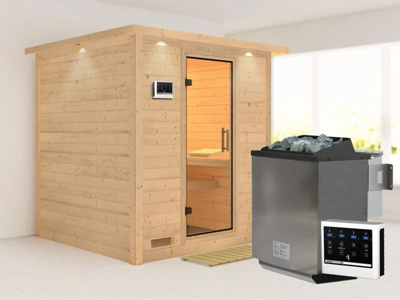 Karibu Sauna Mojave inkl. 9 kW Bio Ofen mit ext. Steuerung, mit Dachkranz, mit Klarglas Ganzglastür