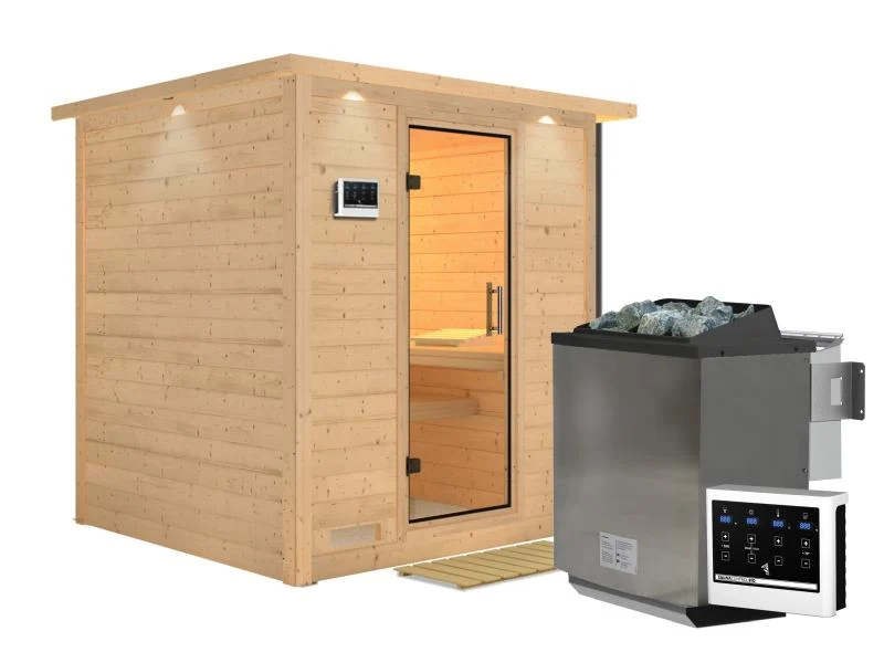 Karibu Sauna Mojave inkl. 9 kW Bio Ofen mit ext. Steuerung, mit Dachkranz, mit Klarglas Ganzglastür