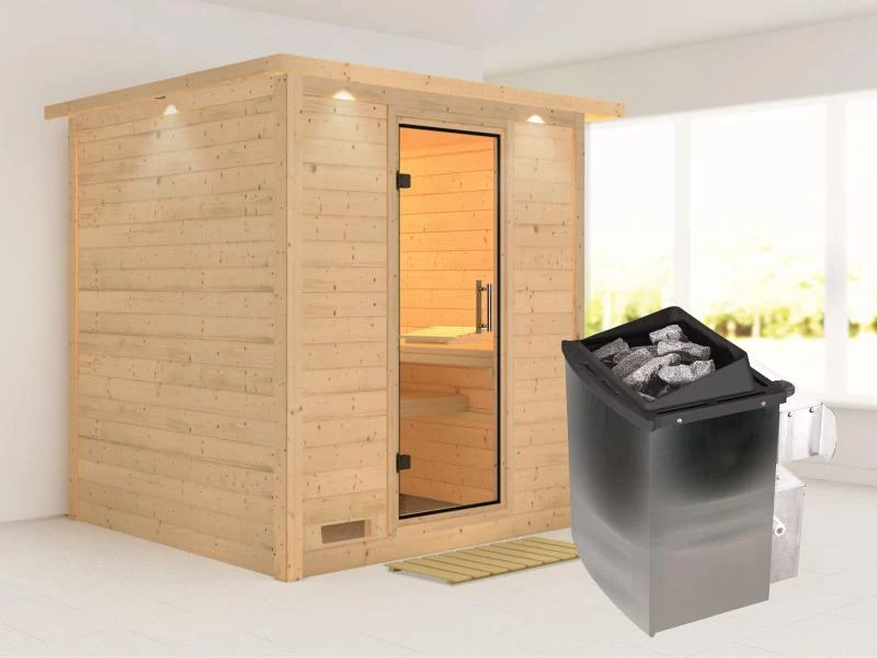 Karibu Sauna Mojave inkl. 9 kW Ofen mit int. Steuerung, mit Dachkranz, mit Klarglas Ganzglastür
