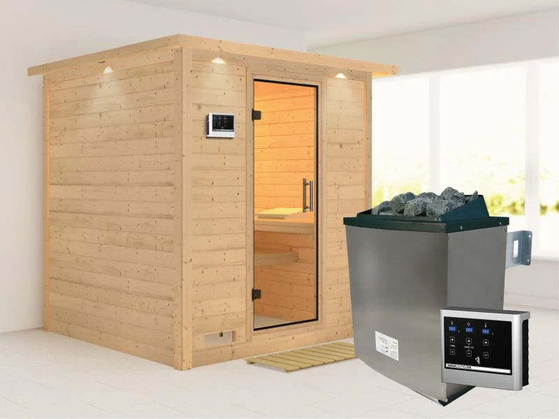 Karibu Sauna Mojave inkl. 9 kW Ofen mit ext. Steuerung, mit Dachkranz, mit Klarglas Ganzglastür