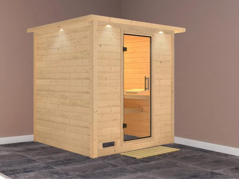 Karibu Sauna Mojave ohne Ofen, mit Dachkranz, mit Klarglas Ganzglastür