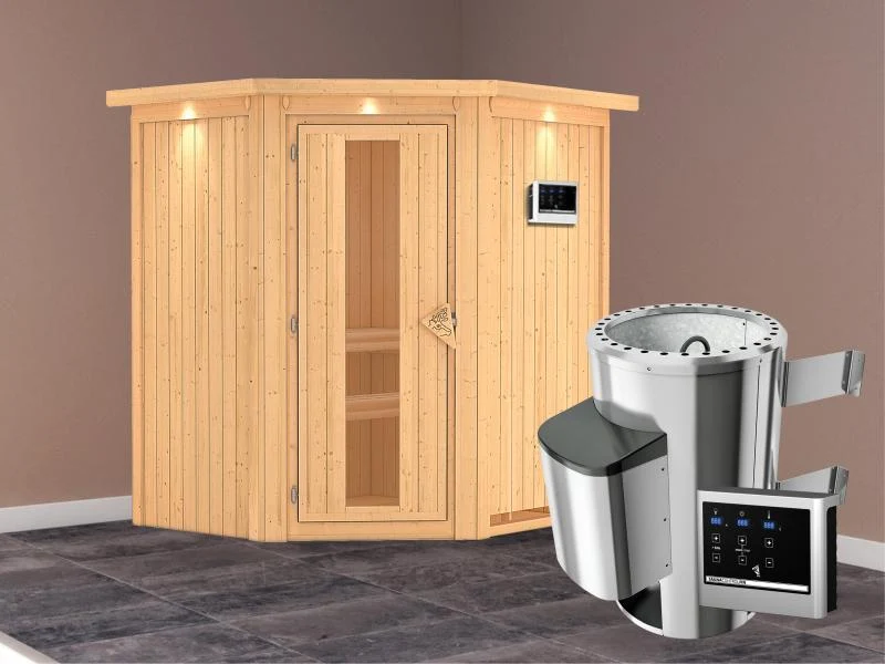 Tonja - Karibu Sauna Plug & Play 3,6 kW Ofen, ext. Steuerung - mit Dachkranz - Energiespartür