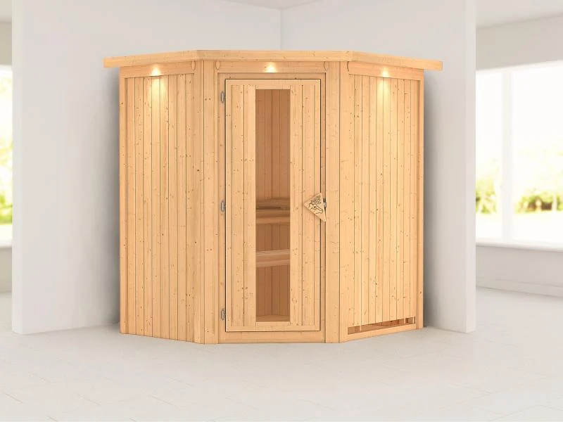 Tonja - Karibu Sauna Plug & Play ohne Ofen - mit Dachkranz - Energiespartür