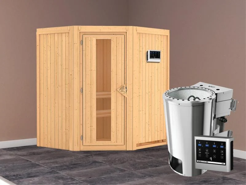 Tonja - Karibu Sauna Plug & Play 3,6 kW Bio Ofen, ext. Steuerung - ohne Dachkranz - Energiespartür