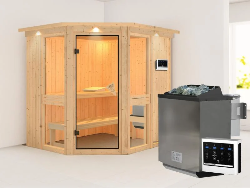 Amelia 1 - Karibu Sauna inkl. 9-kW-Bioofen - mit Dachkranz -