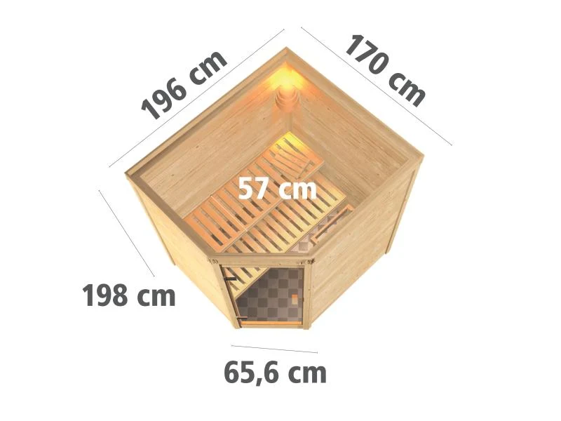 Karibu Sauna Mia inkl. 9 kW Ofen integr. Steuerung, mit energiesparender Saunatür -ohne Dachkranz-