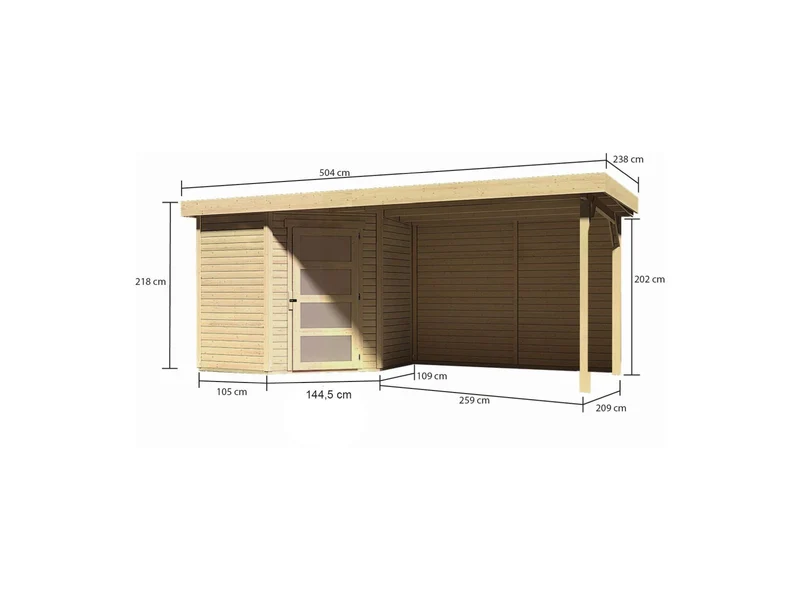 Karibu Gartenhaus Schwandorf 3 natur mit Anbaudach 2,8 m inkl. Rückwand