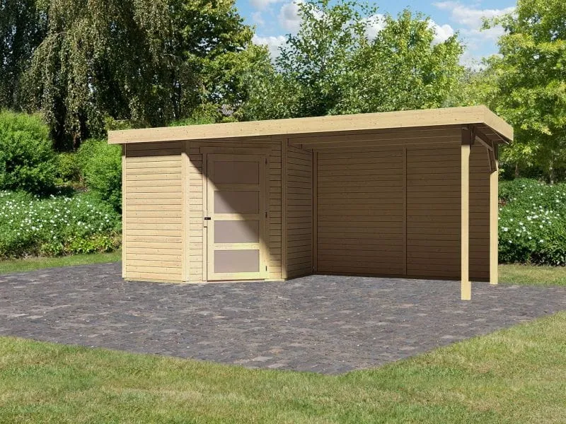 Karibu Gartenhaus Schwandorf 3 natur mit Anbaudach 2,8 m inkl. Rückwand