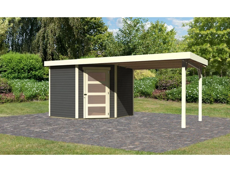 Karibu Gartenhaus Schwandorf 5 terragrau mit Anbaudach 2,8 m