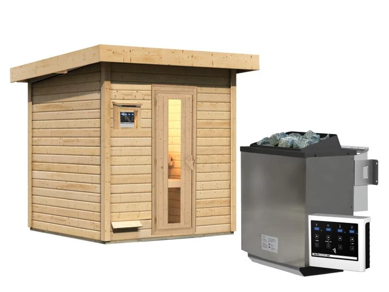 Karibu Saunahaus Hytti 2 38 mm - inkl. 9 kW Bioofen ext. Steuerung - mit Energiespartür und Fußbode