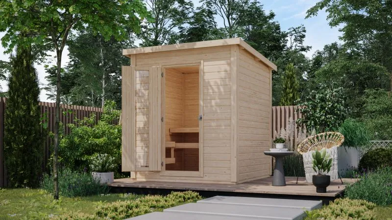 Karibu Saunahaus Hytti 2 38 mm - inkl. 9 kW Ofen ext. Steuerung - mit Energiespartür und Fußboden