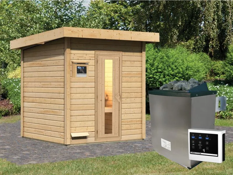 Karibu Saunahaus Hytti 2 38 mm - inkl. 9 kW Ofen ext. Steuerung - mit Energiespartür und Fußboden