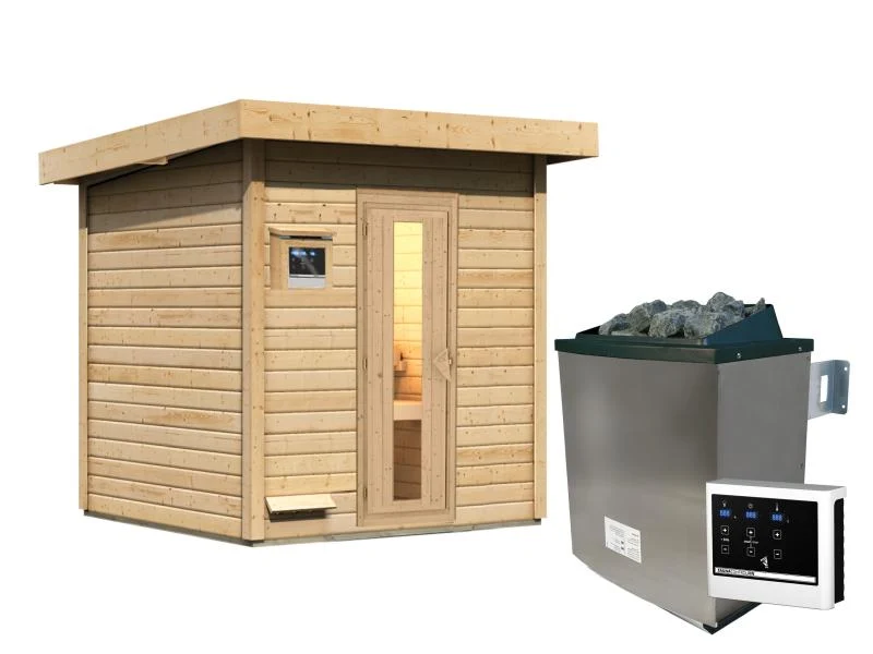 Karibu Saunahaus Hytti 2 38 mm - inkl. 9 kW Ofen ext. Steuerung - mit Energiespartür und Fußboden