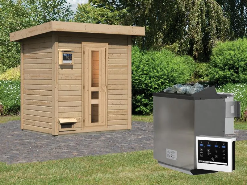 Karibu Saunahaus Hytti 1 38 mm - inkl. 9 kW Bioofen ext. Steuerung - mit Energiespartür u. Fußbode
