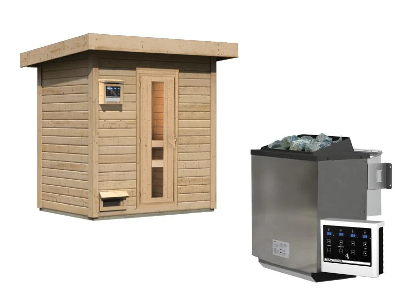 Karibu Saunahaus Hytti 1 38 mm - inkl. 9 kW Bioofen ext. Steuerung - mit Energiespartür u. Fußbode