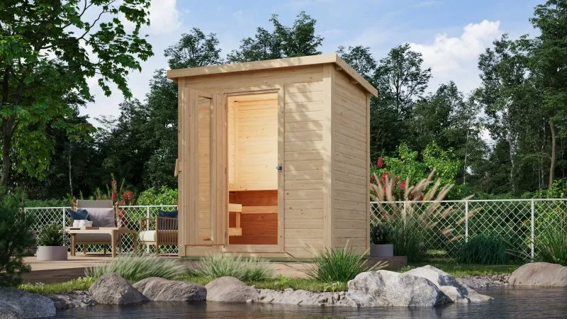 Karibu Saunahaus Hytti 1 38 mm - inkl. 9 kW Ofen ext. Steuerung - mit Energiespartür und Fußboden