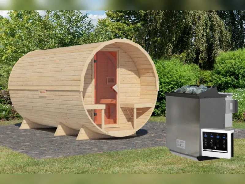 Karibu Fasssauna 3 inkl. 9 kW Bioofen externe Steuerung - 38 mm mit Vorraum