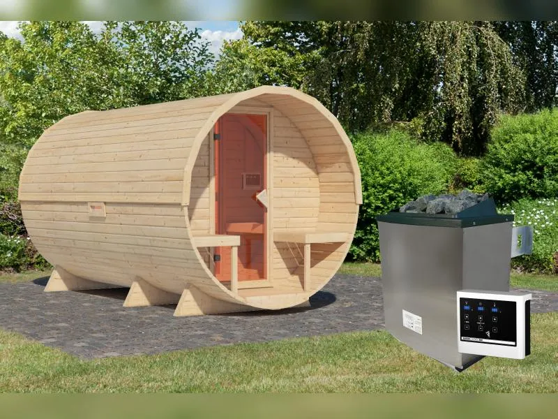 Karibu Fasssauna 3 inkl. 9 kW Ofen externe Steuerung - 38 mm mit Vorraum