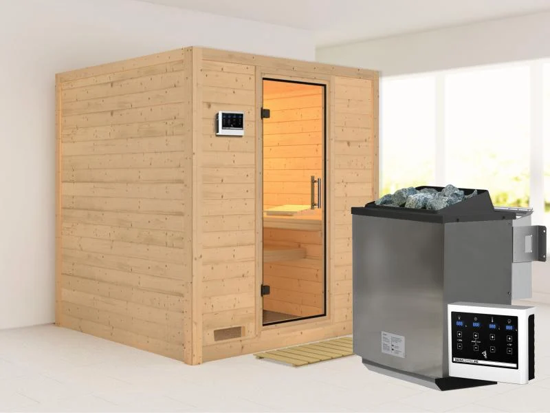 Karibu Sauna Mojave inkl. 9 kW Bio Ofen mit ext. Steuerung, ohne Dachkranz, mit Klarglas Ganzglastür
