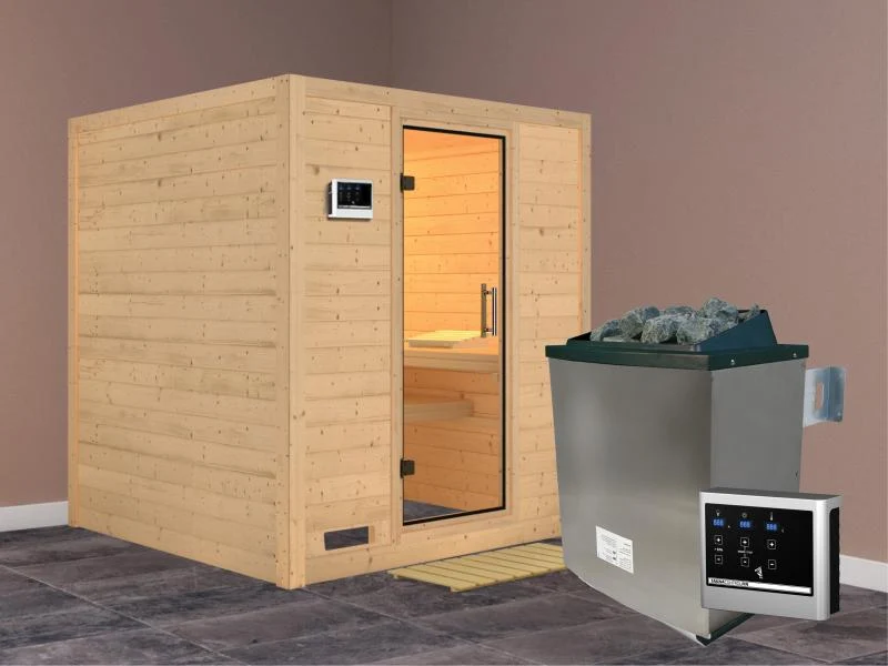 Karibu Sauna Mojave inkl. 9 kW Ofen mit ext. Steuerung, ohne Dachkranz, mit Klarglas Ganzglastür