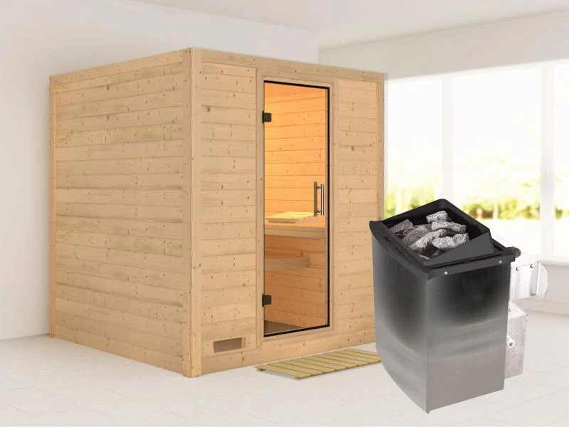 Karibu Sauna Mojave inkl. 9 kW Ofen mit int. Steuerung, ohne Dachkranz, mit Klarglas Ganzglastür