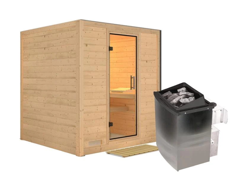 Karibu Sauna Mojave inkl. 9 kW Ofen mit int. Steuerung, ohne Dachkranz, mit Klarglas Ganzglastür