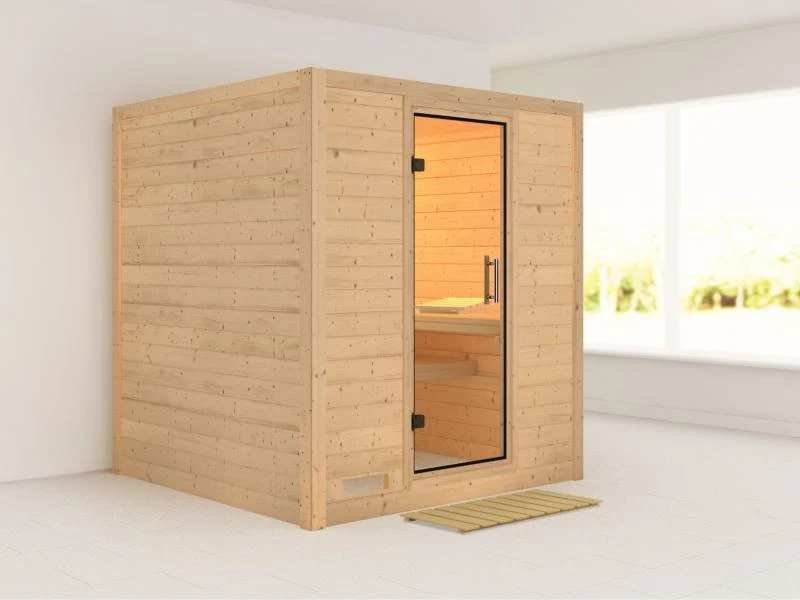 Karibu Sauna Mojave ohne Ofen, ohne Dachkranz, mit Klarglas Ganzglastür