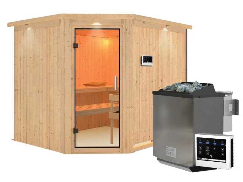 Karibu Sauna Malin inkl. 9 kW Bio Ofen mit ext. Steuerung, mit Dachkranz, mit Klarglas Ganzglastür