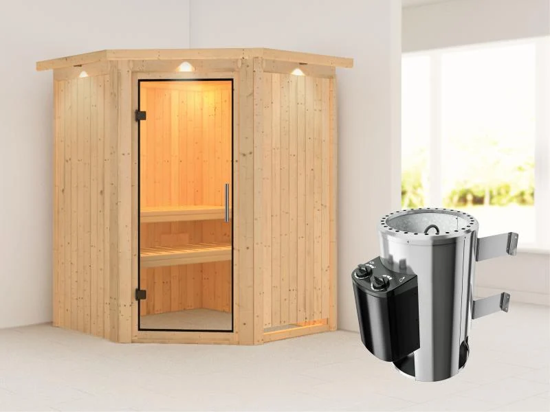 Nanja - Karibu Sauna Plug & Play 3,6 kW Ofen, int. Steuerung - mit Dachkranz - Klarglas Ganzglastür