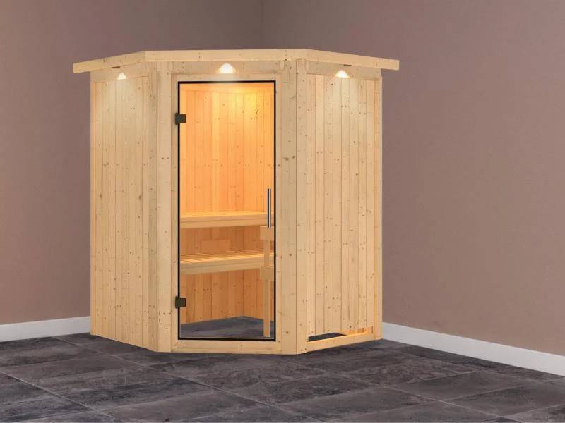 Nanja - Karibu Sauna Plug & Play ohne Ofen - mit Dachkranz - Klarglas Ganzglastür