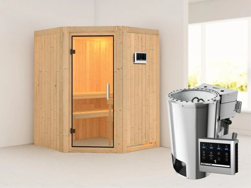 Nanja - Karibu Sauna Plug & Play 3,6 kW Bio Ofen, ext. Steuerung - ohne Dachkranz - Klarglas Ganzgla