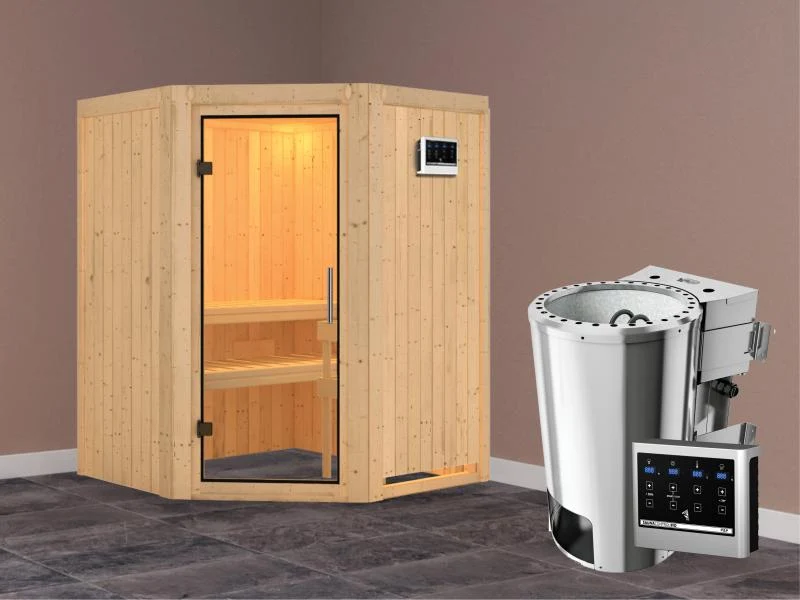 Nanja - Karibu Sauna Plug & Play 3,6 kW Bio Ofen, ext. Steuerung - ohne Dachkranz - Klarglas Ganzgla