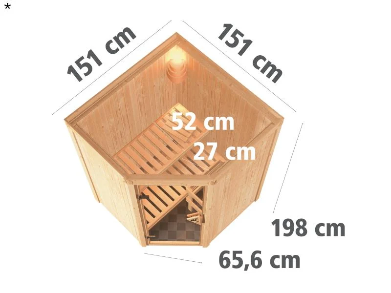 Nanja - Karibu Sauna Plug & Play 3,6 kW Ofen, ext. Steuerung - ohne Dachkranz - Klarglas Ganzglastür