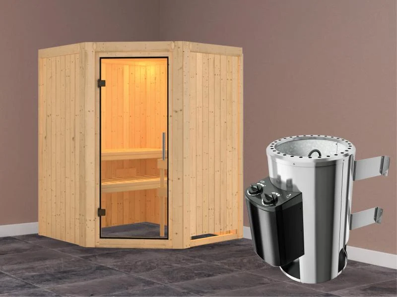 Nanja - Karibu Sauna Plug & Play 3,6 kW Ofen, int. Steuerung - ohne Dachkranz - Klarglas Ganzglastür