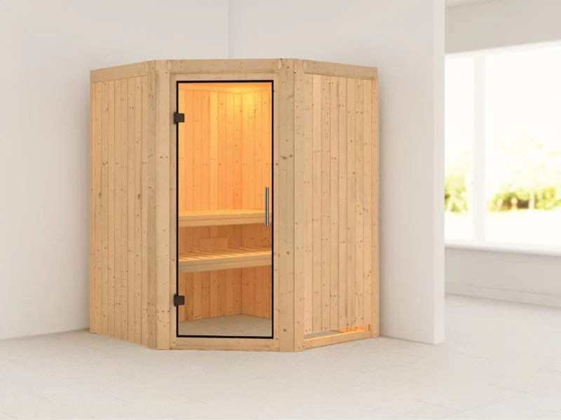 Nanja - Karibu Sauna Plug & Play ohne Ofen - ohne Dachkranz - Klarglas Ganzglastür