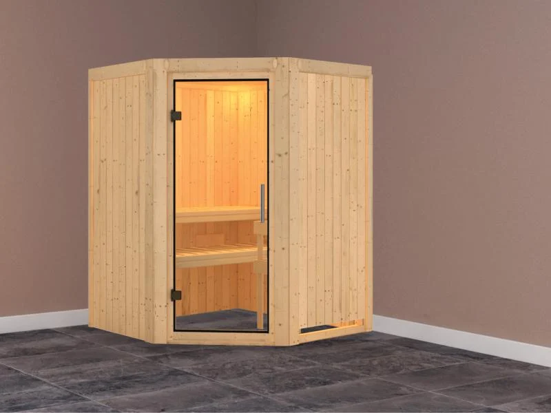 Nanja - Karibu Sauna Plug & Play ohne Ofen - ohne Dachkranz - Klarglas Ganzglastür