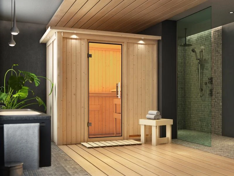 Karibu Sauna Variado ohne Ofen, mit Dachkranz, mit Klarglas Ganzglastür
