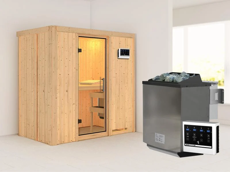 Karibu Sauna Variado inkl. 9 kW Bioofen ext. Steuerung, mit klarglas Ganzglastür -ohne Dachkranz-