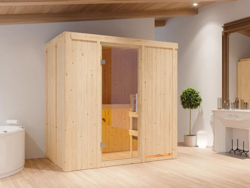 Karibu Sauna Variado inkl. 9 kW Ofen mit integr. Steuerung, mit Klarglas Ganzglastür -ohne Dachkranz