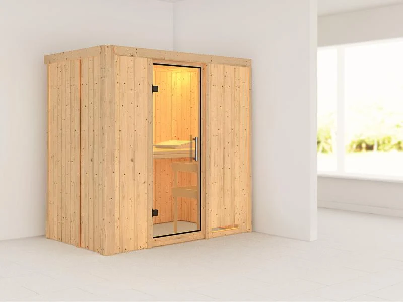 Karibu Sauna Variado ohne Ofen, ohne Dachkranz, mit Klarglas Ganzglastür