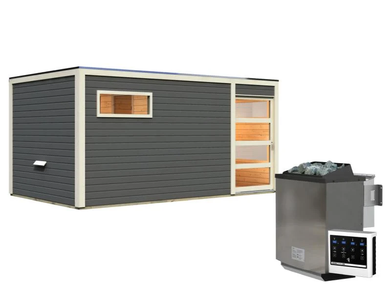 Karibu Saunahaus Hygge 38 mm- terragrau- 9 kW Bioofen ext. Strg