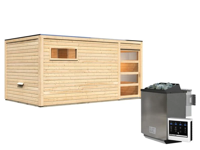Karibu Saunahaus Hygge 38 mm- naturbelassen- 9 kW Bioofen ext. Strg