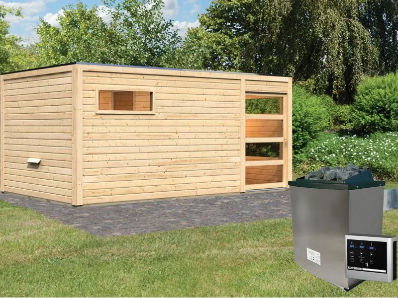 Karibu Saunahaus Hygge 38 mm- naturbelassen- 9 kW Ofen ext. Strg
