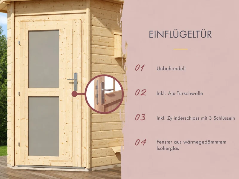 Karibu Saunahaus Skrollan 3 38 mm- 9 kW Bioofen ext. Strg- Milchglastür