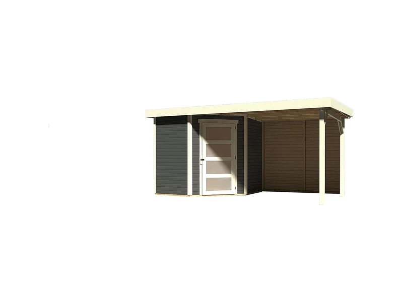 Karibu Gartenhaus Schwandorf 3 terragrau mit Anbaudach 2,4 m, Rückwand