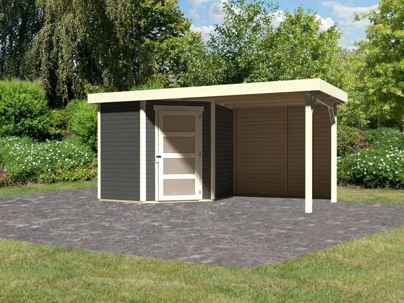 Karibu Gartenhaus Schwandorf 3 terragrau mit Anbaudach 2,4 m, Rückwand
