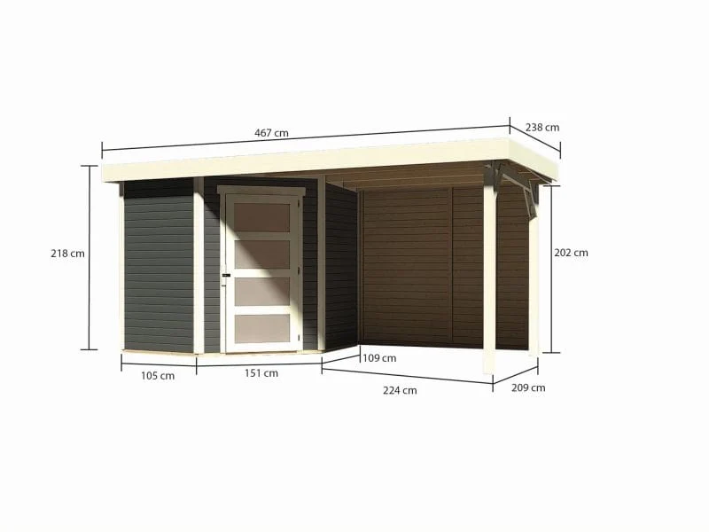 Karibu Gartenhaus Schwandorf 3 terragrau mit Anbaudach 2,4 m, Rückwand